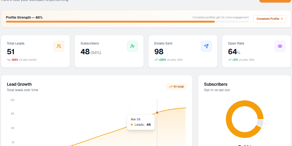 Dashboard with KPI cards and campaign statistics
