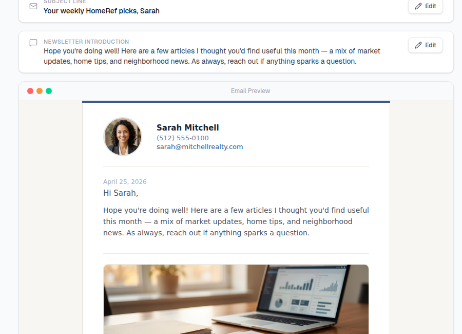 Newsletter composer with branded email preview