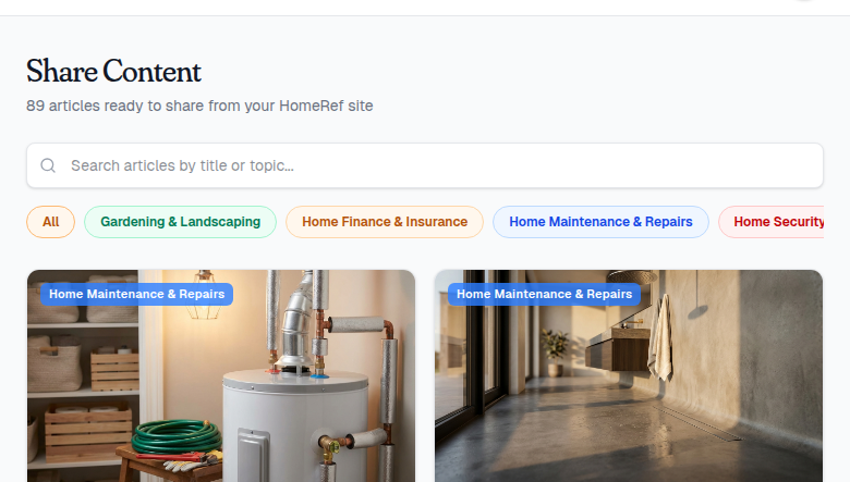 Content sharing page with article cards and copy-link buttons