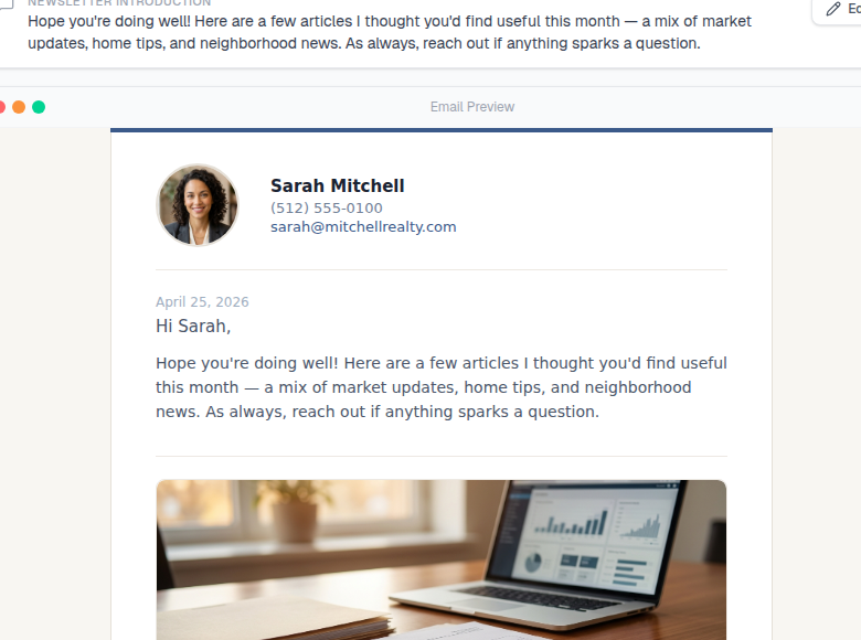 Branded newsletter preview with agent photo and personalized content